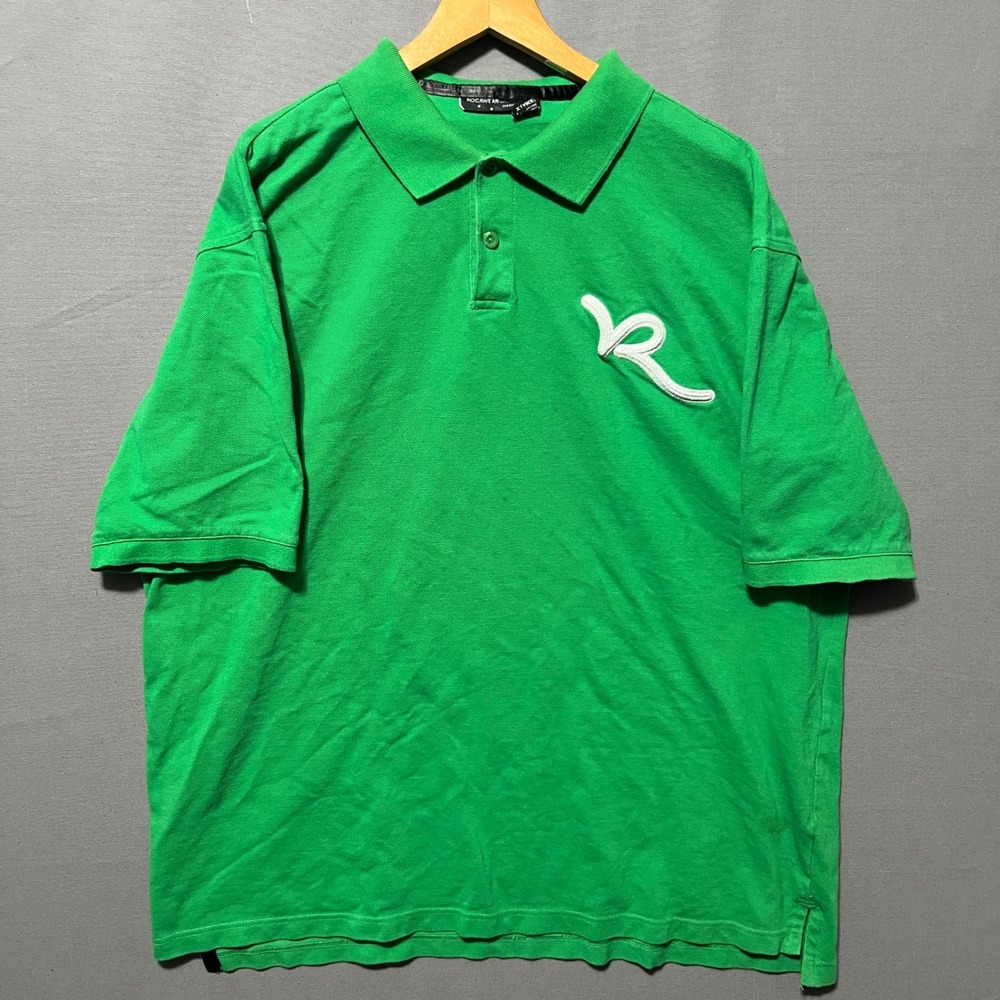 Rocawear Mens XL Green Short Sleeve Polo Shirt Embroidered Logo Y2K Streetwear